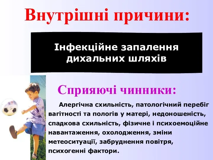 Внутрішні причини: Інфекційне запалення дихальних шляхів Сприяючі чинники: Алергічна схильність, патологічний перебіг