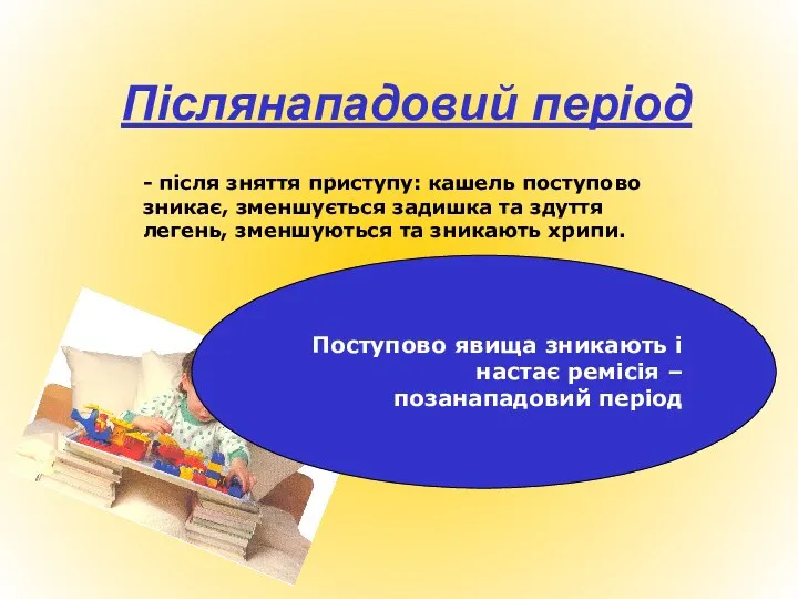 Післянападовий період - після зняття приступу: кашель поступово зникає, зменшується задишка та