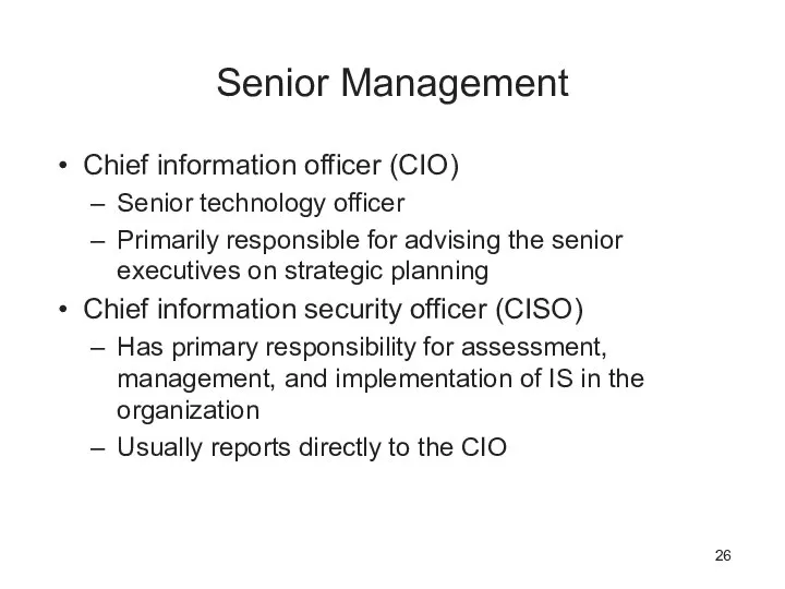 Senior Management Chief information officer (CIO)‏ Senior technology officer Primarily responsible for