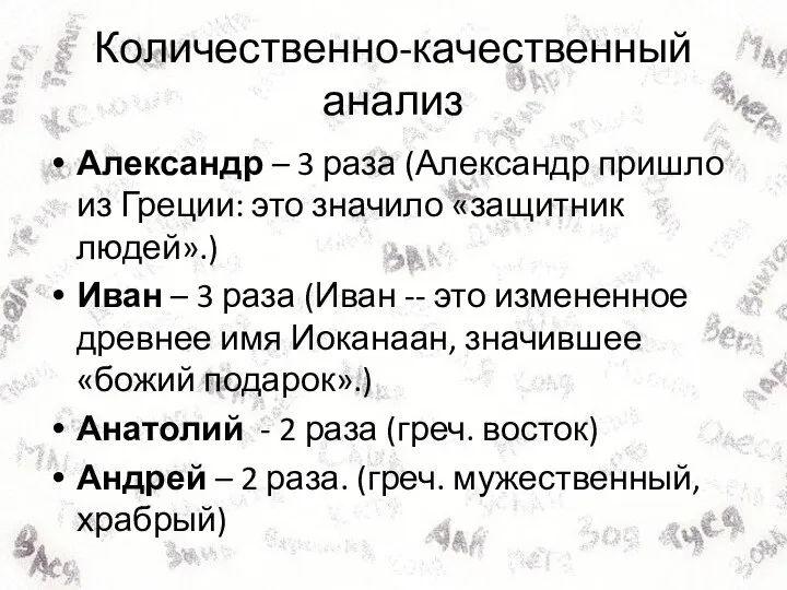 Количественно-качественный анализ Александр – 3 раза (Александр пришло из Греции: это значило