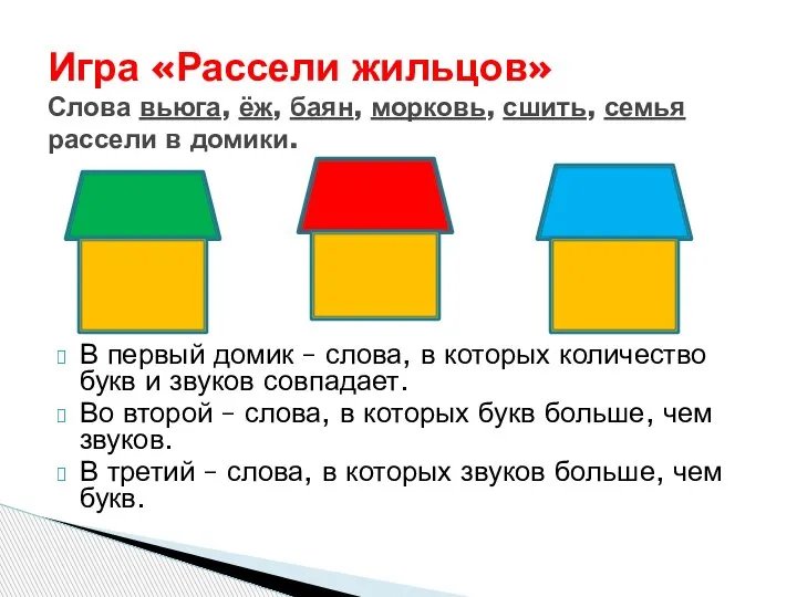 В первый домик – слова, в которых количество букв и звуков совпадает.