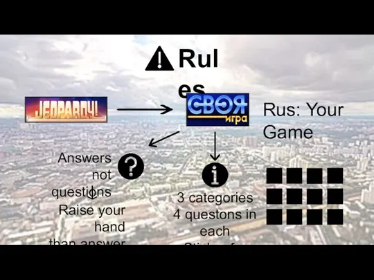 Rules Rus: Your Game Answers not questions 3 categories 4 questons in