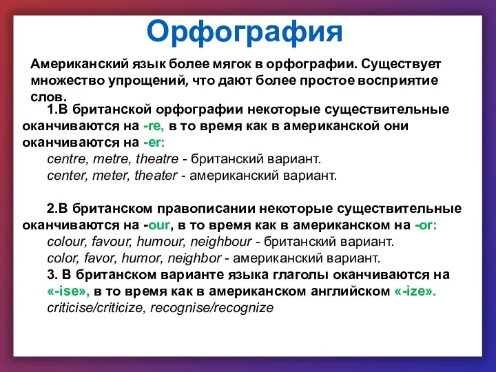 Орфография Американский язык более мягок в орфографии. Существует множество упрощений, что дают