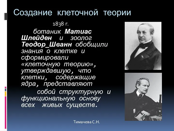 Создание клеточной теории 1838 г. ботаник Матиас Шлейден и зоолог Теодор Шванн