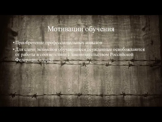 Мотивации обучения Приобретение профессиональных навыков Для сдачи экзаменов обучающиеся осужденные освобождаются от