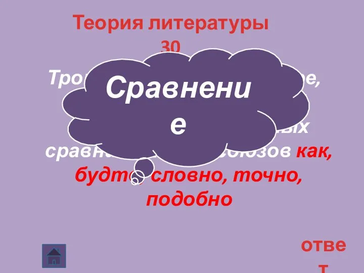 Теория литературы 30 Троп, близкий к метафоре, отличающийся от неё наличием специальных