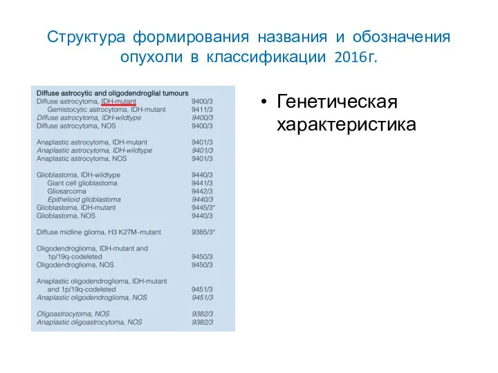 Структура формирования названия и обозначения опухоли в классификации 2016г. Генетическая характеристика