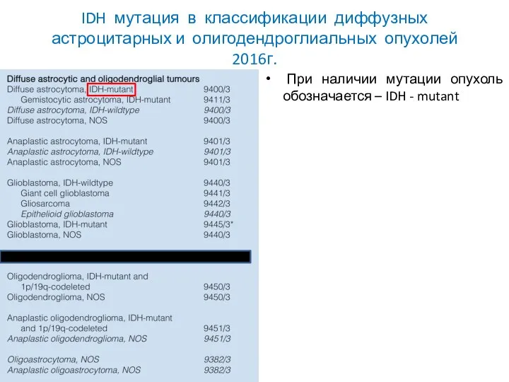 IDH мутация в классификации диффузных астроцитарных и олигодендроглиальных опухолей 2016г. При наличии