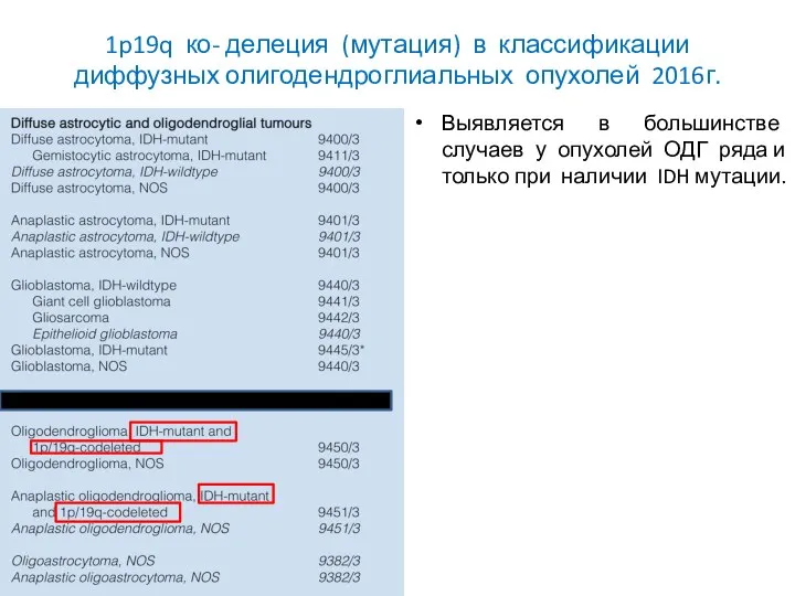 1p19q ко- делеция (мутация) в классификации диффузных олигодендроглиальных опухолей 2016г. Выявляется в