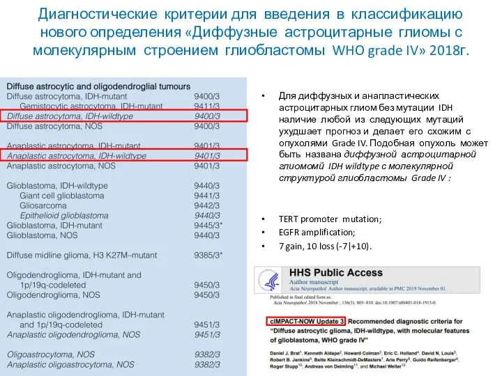 Диагностические критерии для введения в классификацию нового определения «Диффузные астроцитарные глиомы с