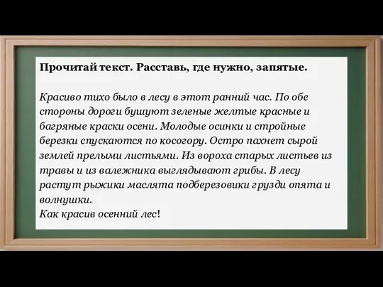 Прочитай текст. Расставь, где нужно, запятые. Красиво тихо было в лесу в