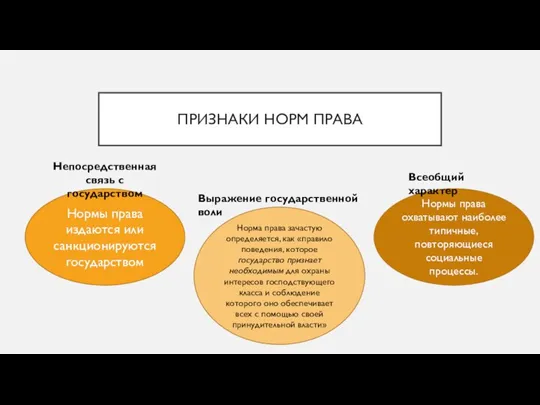 ПРИЗНАКИ НОРМ ПРАВА Нормы права издаются или санкционируются государством Непосредственная связь с