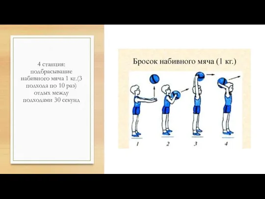 4 станция: подбрасывание набивного мяча 1 кг.(3 подхода по 10 раз) отдых между подходами 30 секунд