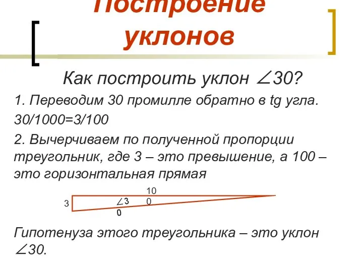 Построение уклонов Как построить уклон ∠30? 1. Переводим 30 промилле обратно в