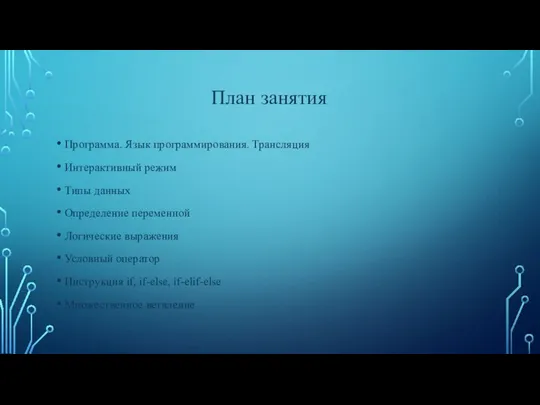 Программа. Язык программирования. Трансляция Интерактивный режим Типы данных Определение переменной Логические выражения