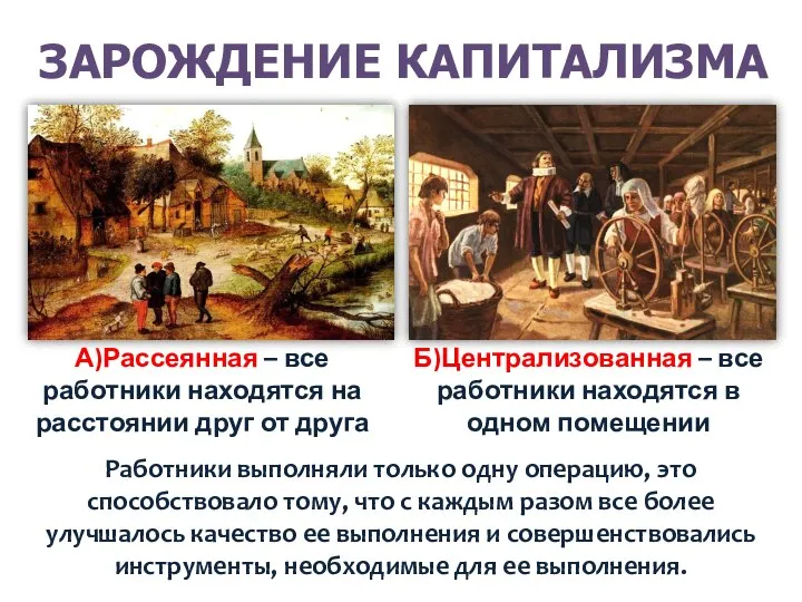 ЗАРОЖДЕНИЕ КАПИТАЛИЗМА Работники выполняли только одну операцию, это способствовало тому, что с