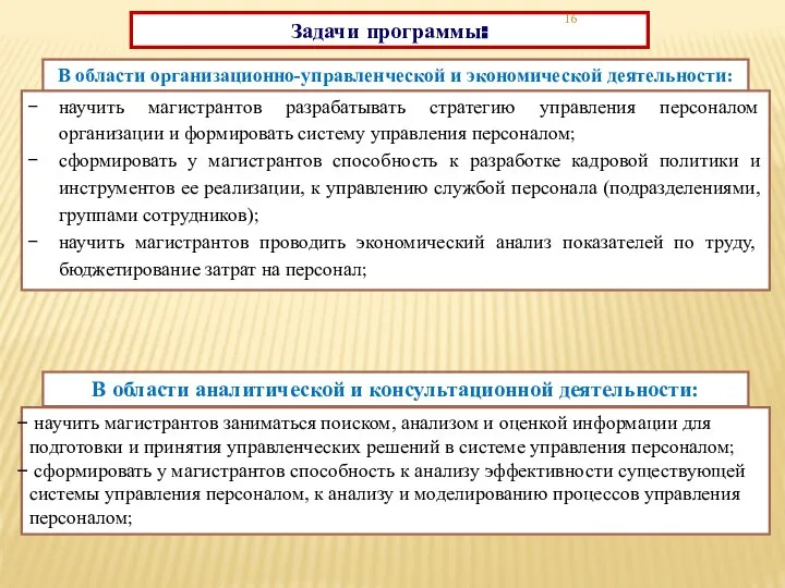 Задачи программы: В области организационно-управленческой и экономической деятельности: научить магистрантов разрабатывать стратегию