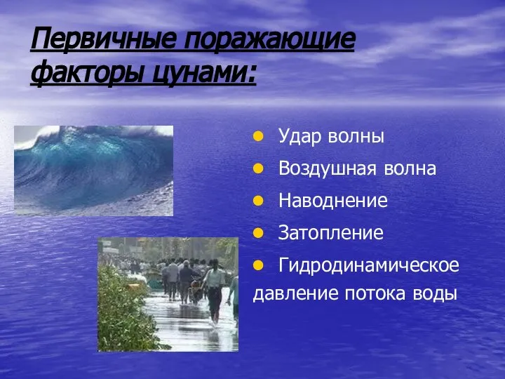 Первичные поражающие факторы цунами: Удар волны Воздушная волна Наводнение Затопление Гидродинамическое давление потока воды