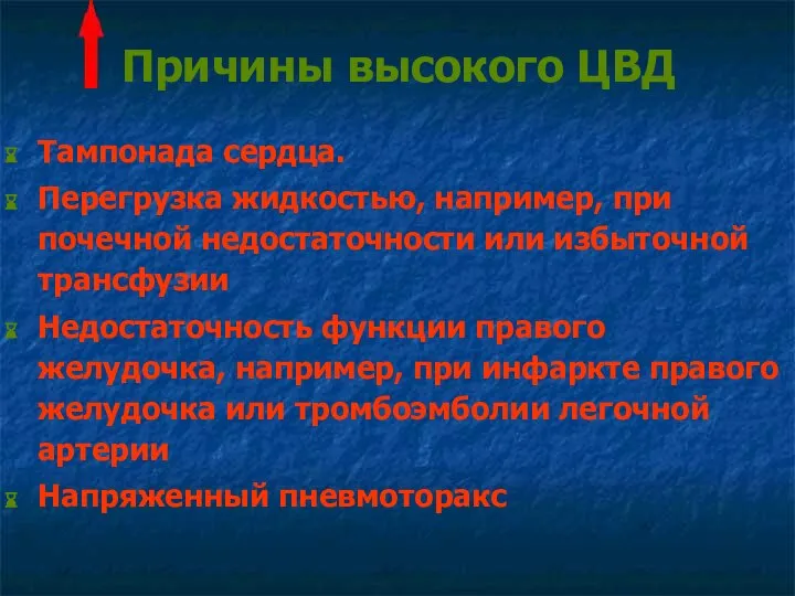 Причины высокого ЦВД Тампонада сердца. Перегрузка жидкостью, например, при почечной недостаточности или