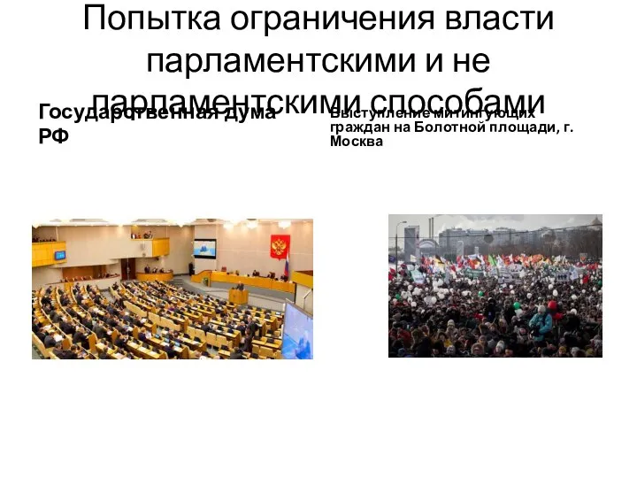 Попытка ограничения власти парламентскими и не парламентскими способами Государственная дума РФ Выступление