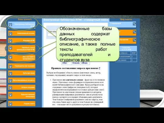 Обозначенные базы данных содержат библиографическое описание, а также полные тексты работ преподавателей и студентов вуза