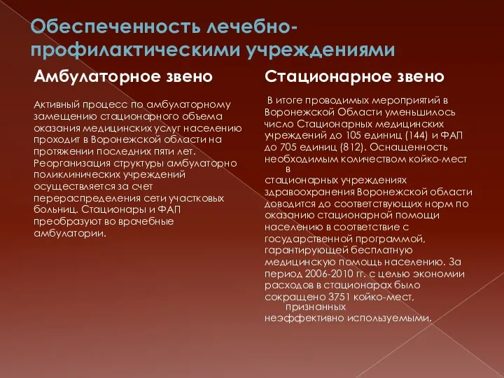 Обеспеченность лечебно-профилактическими учреждениями Амбулаторное звено Активный процесс по амбулаторному замещению стационарного объема