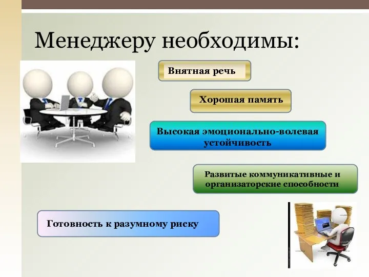 Менеджеру необходимы: Внятная речь Хорошая память Высокая эмоционально-волевая устойчивость Развитые коммуникативные и