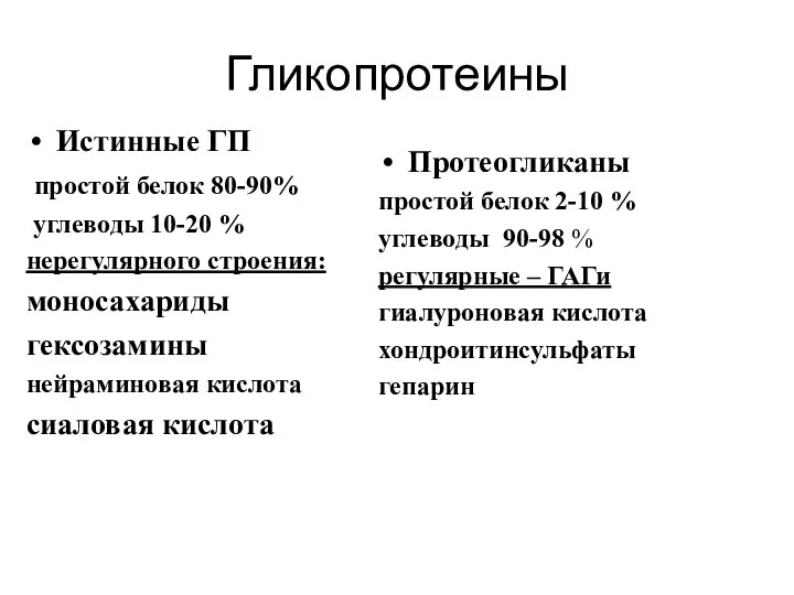 Гликопротеины Истинные ГП простой белок 80-90% углеводы 10-20 % нерегулярного строения: моносахариды