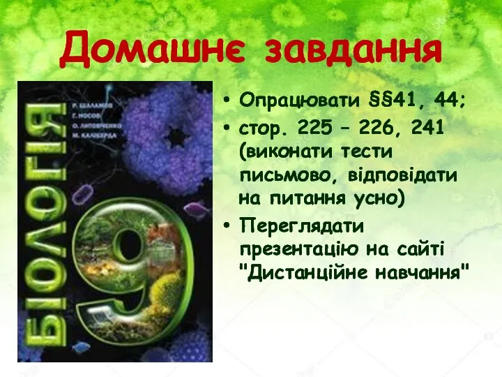 Домашнє завдання Опрацювати §§41, 44; стор. 225 – 226, 241 (виконати тести