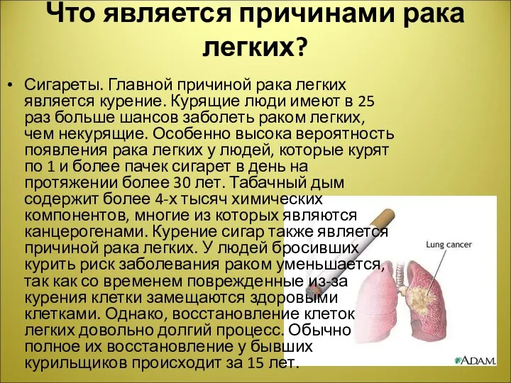 Что является причинами рака легких? Сигареты. Главной причиной рака легких является курение.