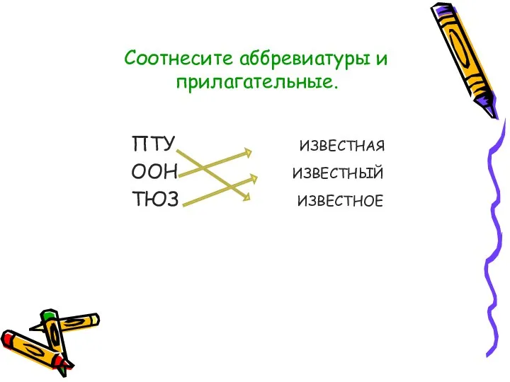 Соотнесите аббревиатуры и прилагательные. ПТУ ИЗВЕСТНАЯ ООН ИЗВЕСТНЫЙ ТЮЗ ИЗВЕСТНОЕ