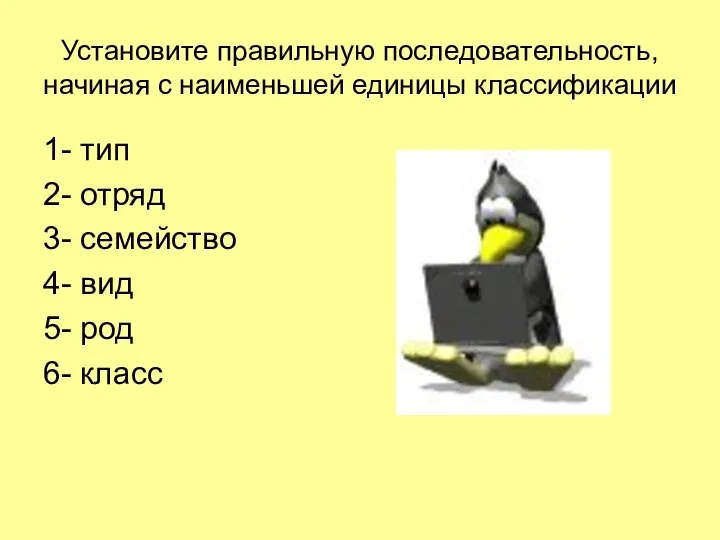 Установите правильную последовательность, начиная с наименьшей единицы классификации 1- тип 2- отряд