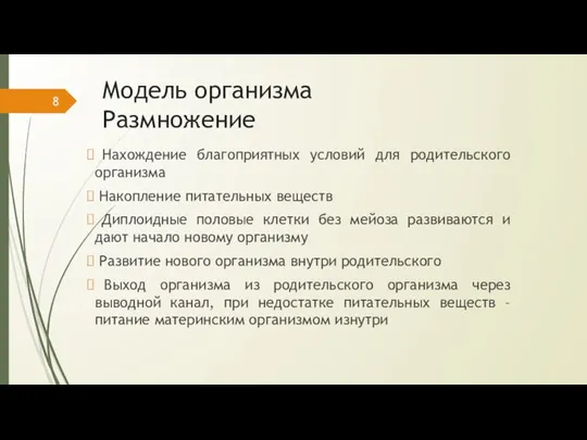 Модель организма Размножение Нахождение благоприятных условий для родительского организма Накопление питательных веществ