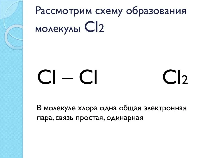 Рассмотрим схему образования молекулы Cl2 Cl – Cl Cl2 В молекуле хлора