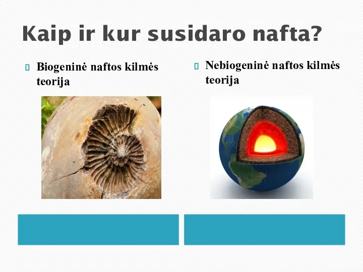 Kaip ir kur susidaro nafta? Biogeninė naftos kilmės teorija Nebiogeninė naftos kilmės teorija