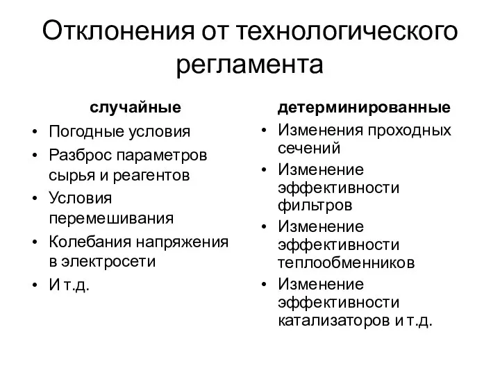 Отклонения от технологического регламента случайные Погодные условия Разброс параметров сырья и реагентов