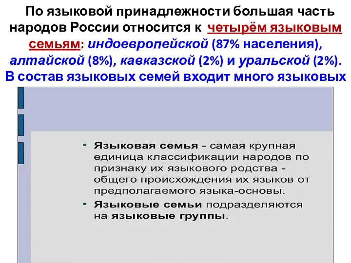 По языковой принадлежности большая часть народов России относится к четырём языковым семьям: