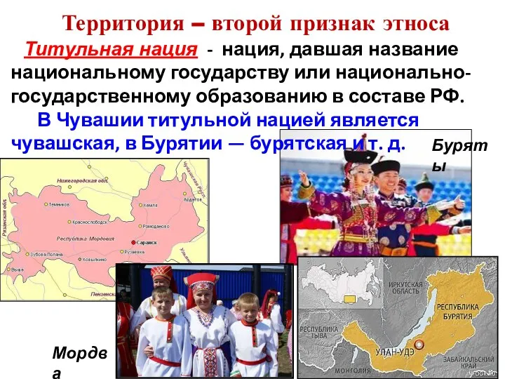 Территория – второй признак этноса Титульная нация - нация, давшая название национальному