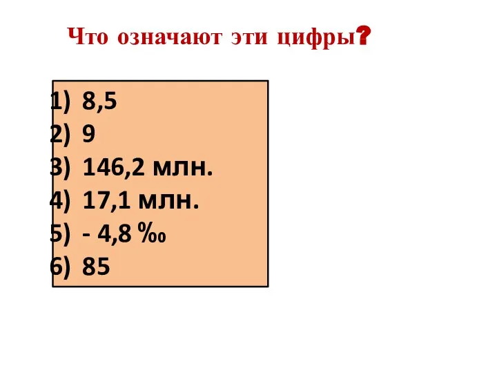 8,5 9 146,2 млн. 17,1 млн. - 4,8 ‰ 85 Что означают эти цифры?