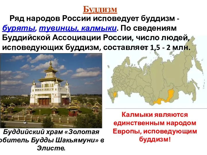 Буддизм Ряд народов России исповедует буддизм - буряты, тувинцы, калмыки. По сведениям