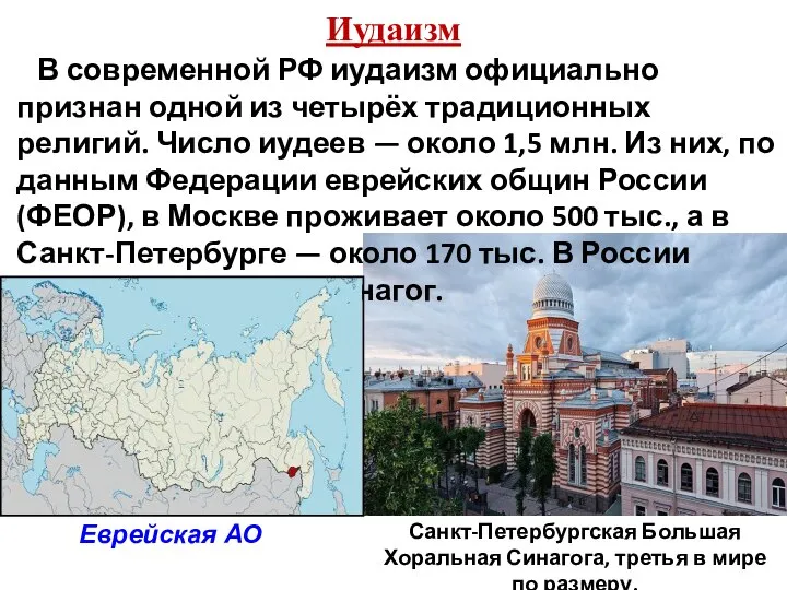 Иудаизм В современной РФ иудаизм официально признан одной из четырёх традиционных религий.