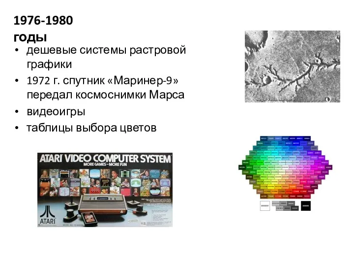дешевые системы растровой графики 1972 г. спутник «Маринер-9» передал космоснимки Марса видеоигры
