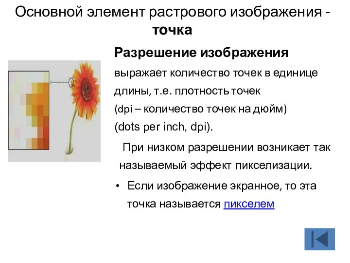 Основной элемент растрового изображения -точка Разрешение изображения выражает количество точек в единице