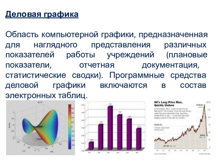 Деловая графика Область компьютерной графики, предназначенная для наглядного представления различных показателей работы