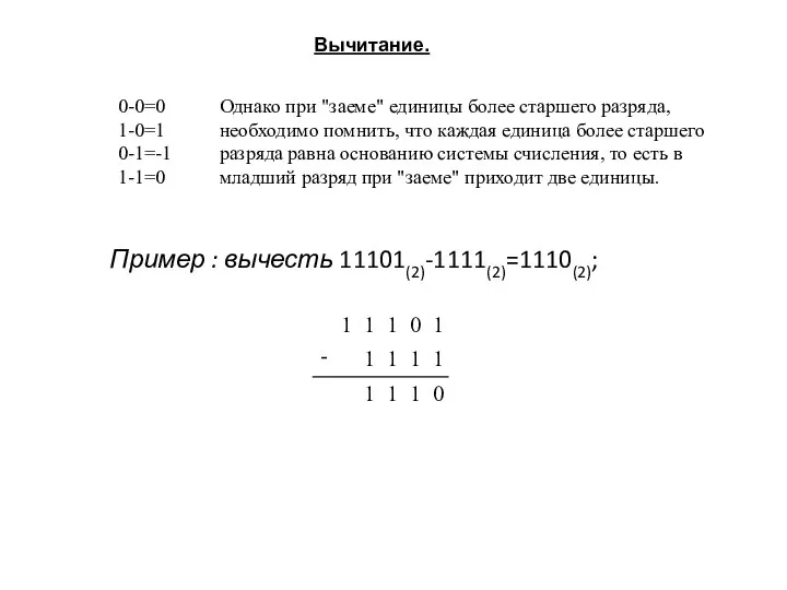 Вычитание. Пример : вычесть 11101(2)-1111(2)=1110(2);