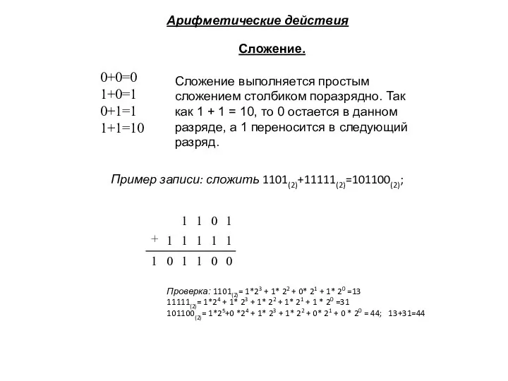 Сложение. Арифметические действия Сложение выполняется простым сложением столбиком поразрядно. Так как 1