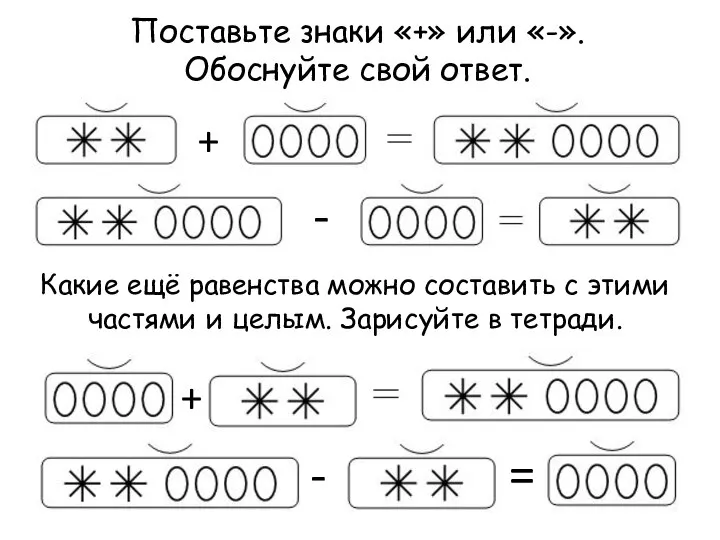 Поставьте знаки «+» или «-». Обоснуйте свой ответ. Какие ещё равенства можно