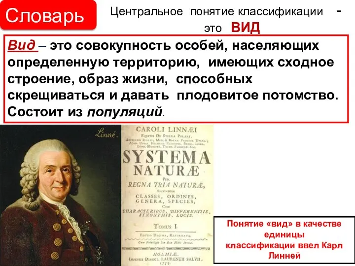 Центральное понятие классификации - это ВИД Вид – это совокупность особей, населяющих