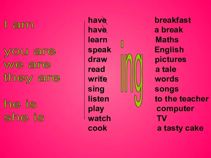 have breakfast have a break learn Maths speak English draw pictures read