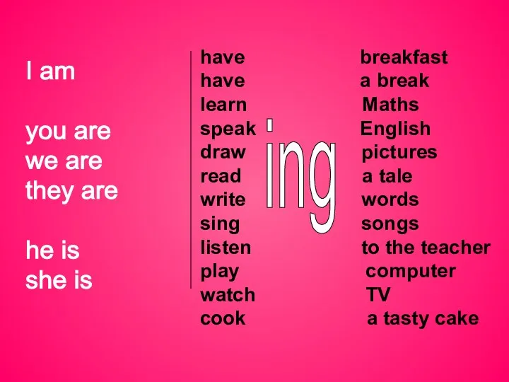 have breakfast have a break learn Maths speak English draw pictures read